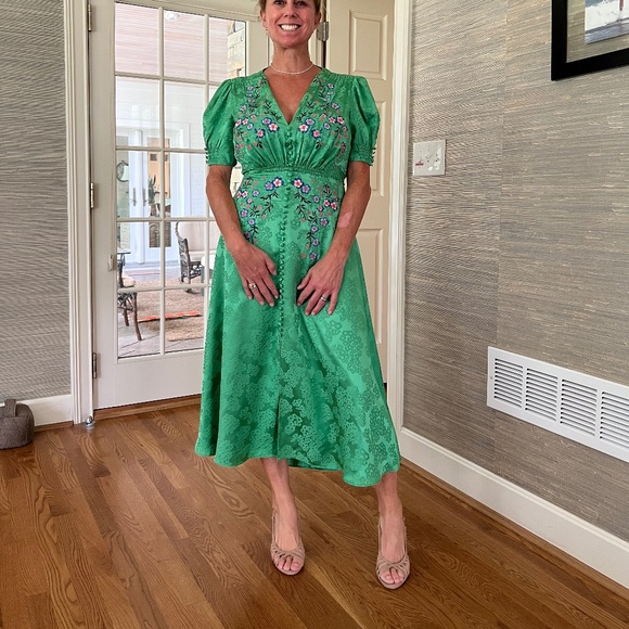 SALONI Lea Silk Midi Dress in Kelly Green Embroidered 8 - Picture 1 of 6